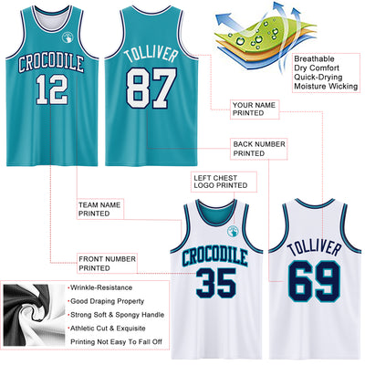 Custom Reversible Teal White-Navy Double Side Sublimation Basketball Suit Jersey