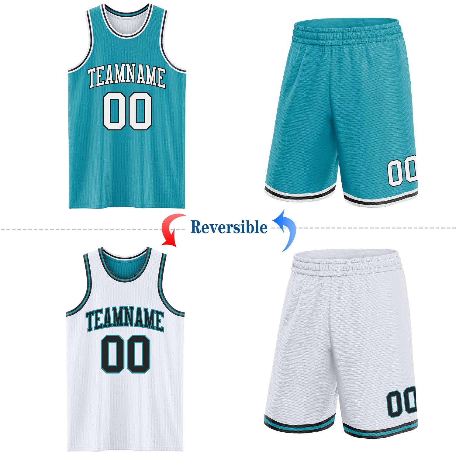 Custom Reversible Teal White-Black Double Side Sublimation Basketball Suit Jersey