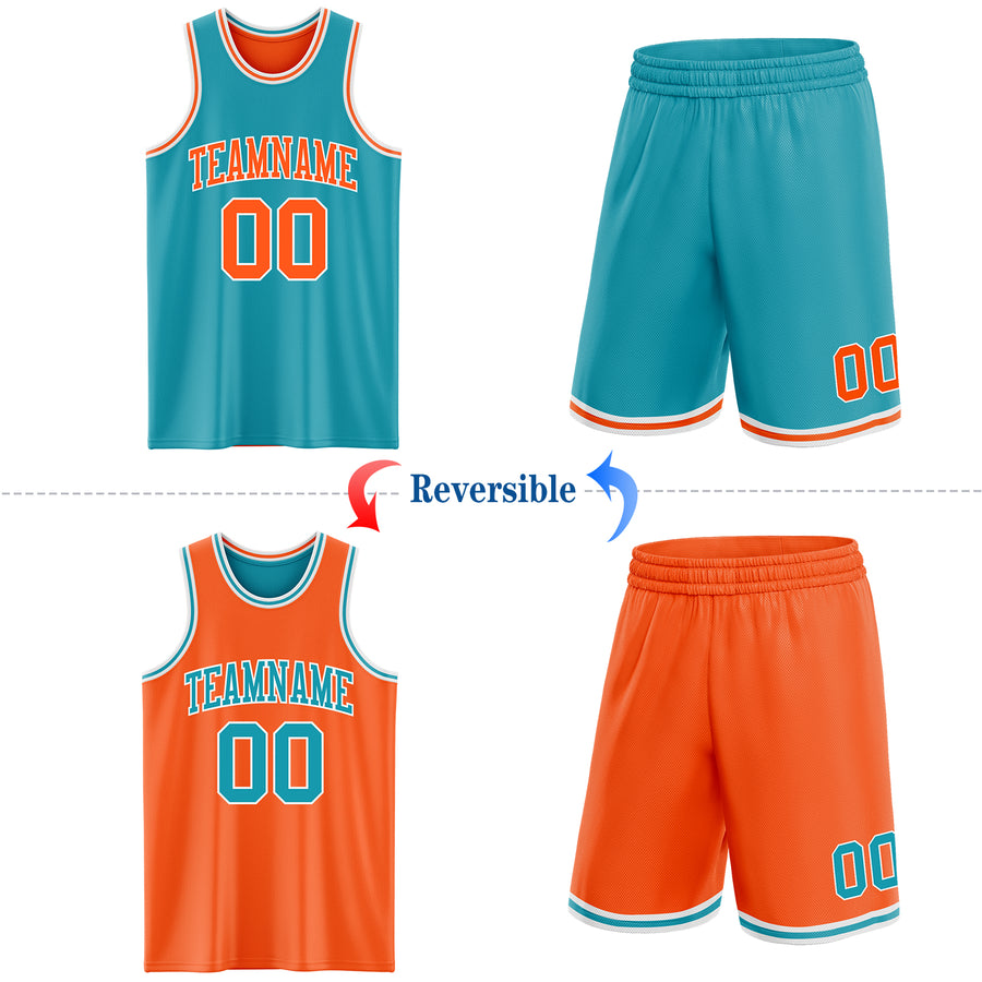 Custom Reversible Teal Orange-White Double Side Sublimation Basketball Suit Jersey