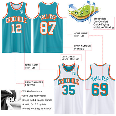 Custom Reversible Teal White-Orange Double Side Sublimation Basketball Suit Jersey