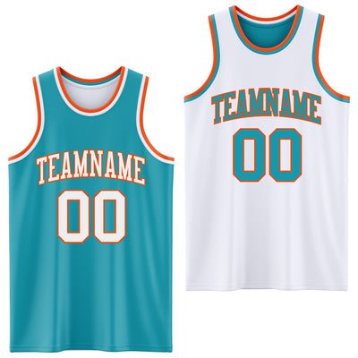 Custom Reversible Teal White-Orange Double Side Sublimation Basketball Suit Jersey