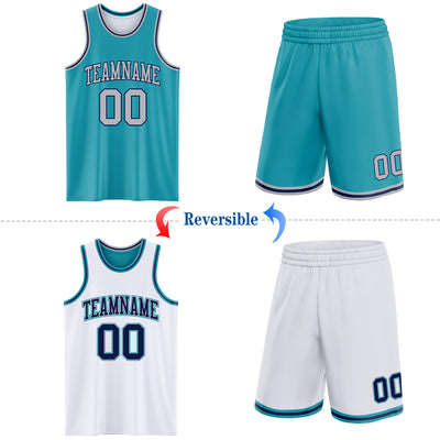 Custom Reversible Teal Gray-Navy Double Side Sublimation Basketball Suit Jersey