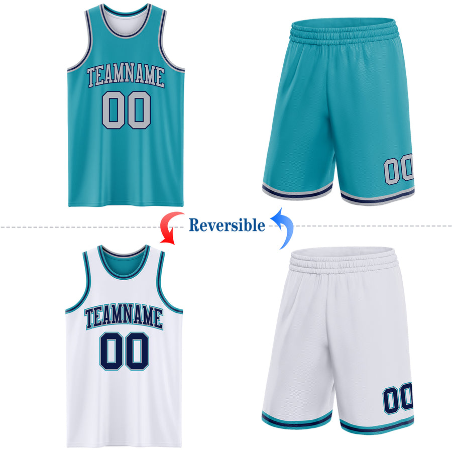 Custom Reversible Teal Gray-Navy Double Side Sublimation Basketball Suit Jersey