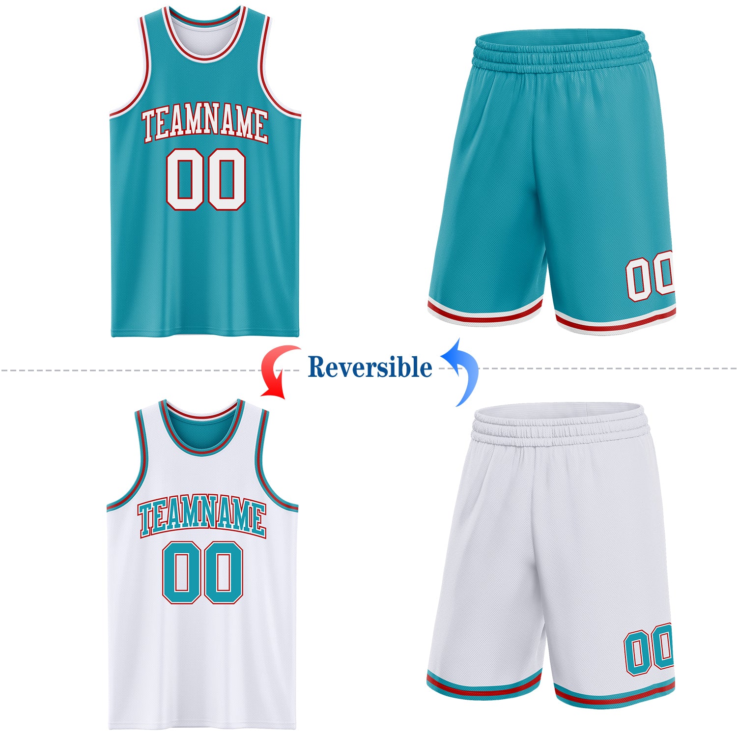 Custom Reversible Teal White-Red Double Side Sublimation Basketball Suit Jersey