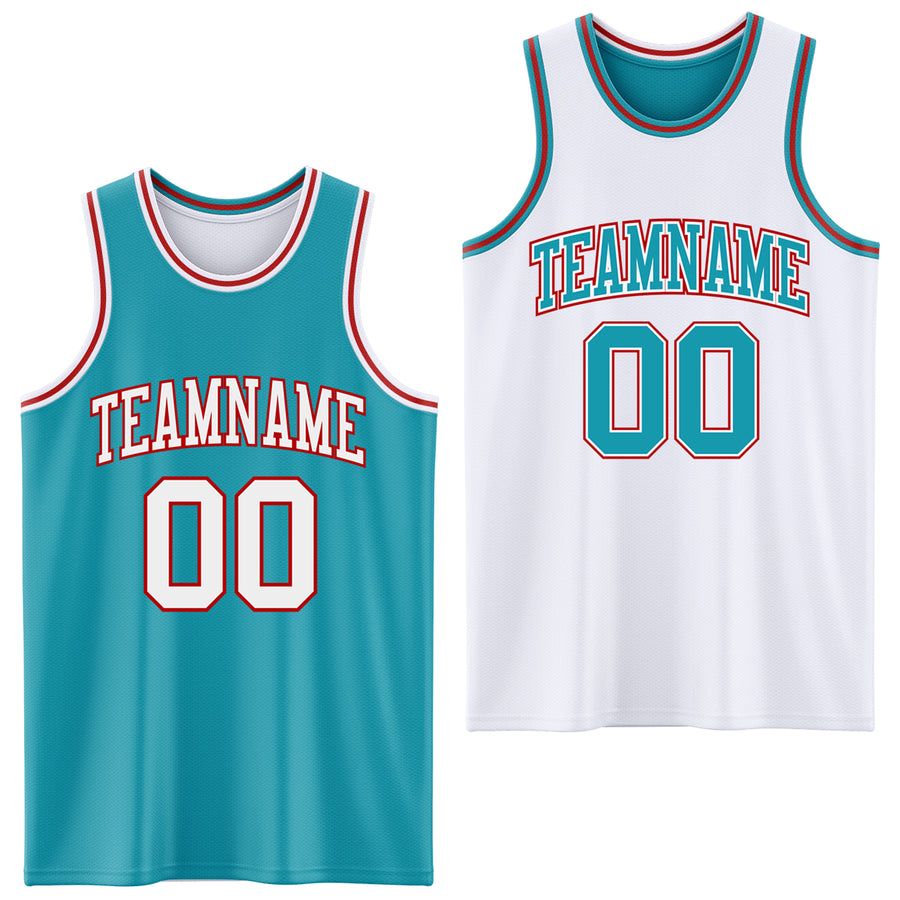 Custom Reversible Teal White-Red Double Side Sublimation Basketball Suit Jersey