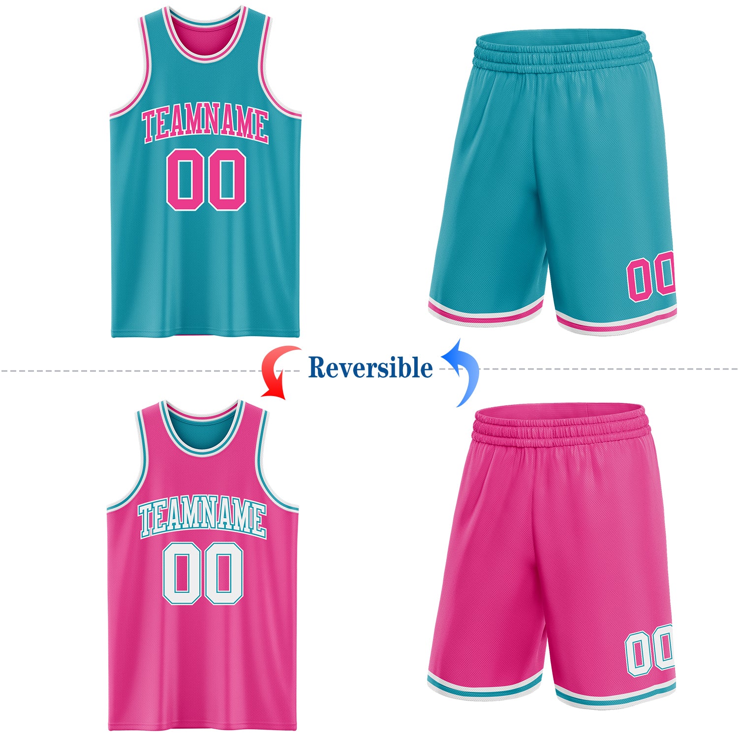 Custom Reversible Teal Pink-White Double Side Sublimation Basketball Suit Jersey