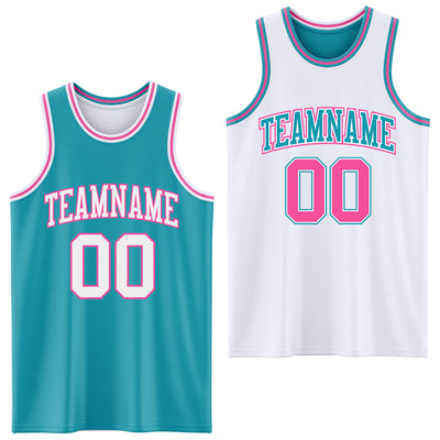 Custom Reversible Teal White-Pink Double Side Sublimation Basketball Suit Jersey