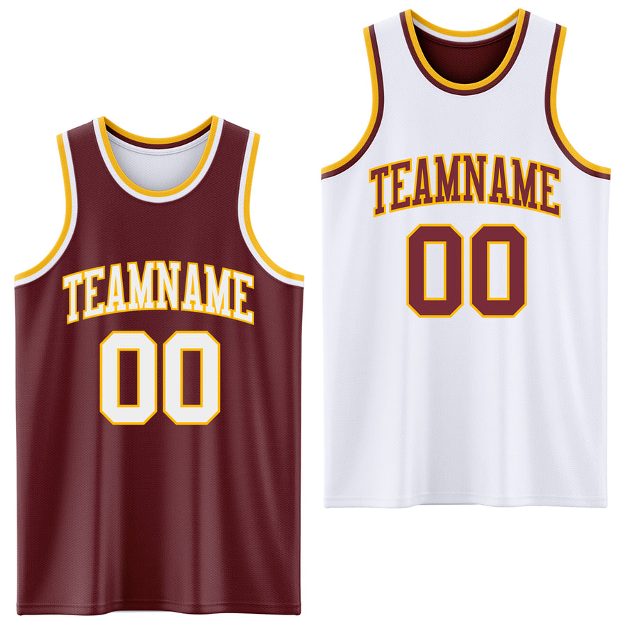 Custom Reversible Burgundy White-Gold Double Side Sublimation Basketball Suit Jersey