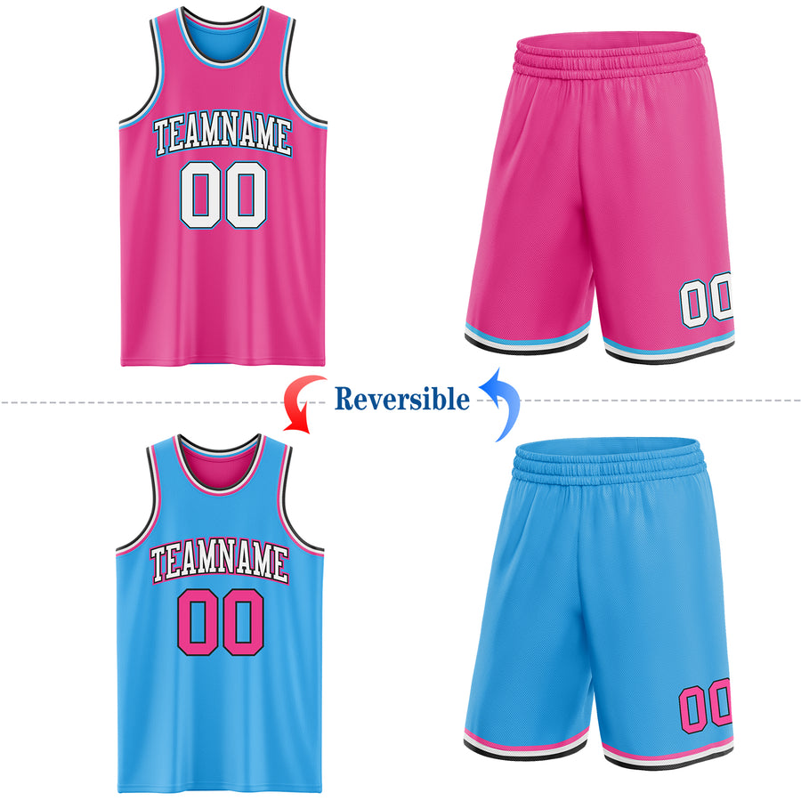 Custom Reversible Pink Black-Sky Blue Double Side Sublimation Basketball Suit Jersey