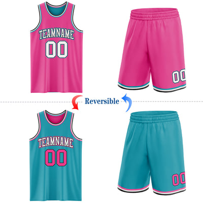 Custom Reversible Pink Black-Teal Double Side Sublimation Basketball Suit Jersey