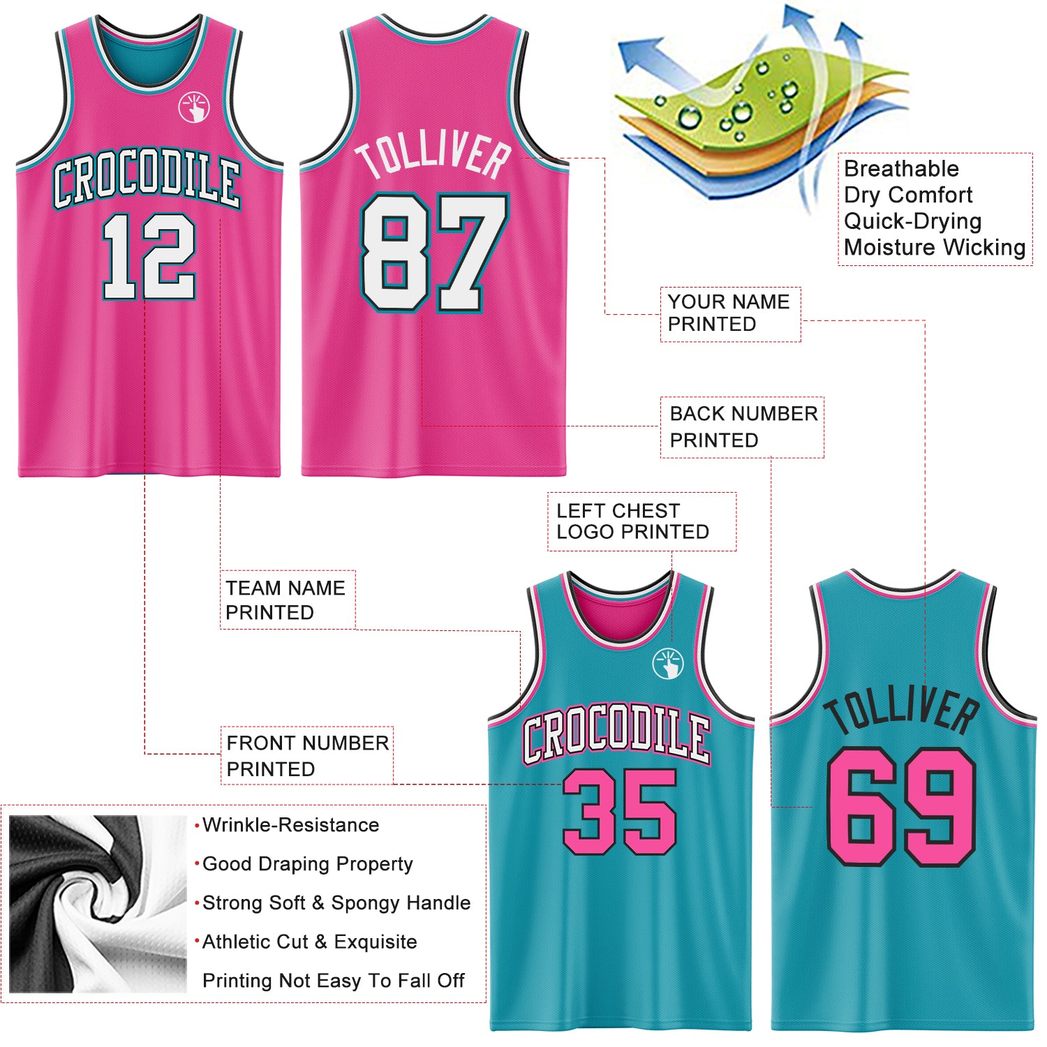 Custom Reversible Pink Black-Teal Double Side Sublimation Basketball Suit Jersey