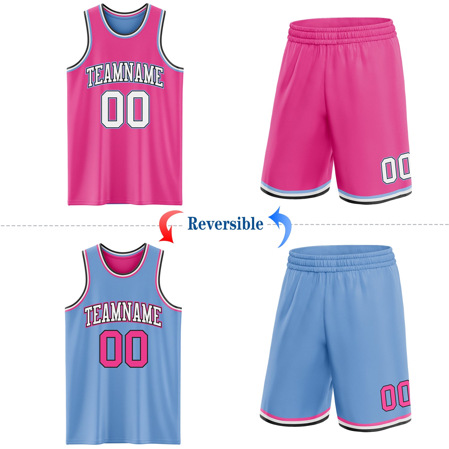 Custom Reversible Pink Black-Light Blue Double Side Sublimation Basketball Suit Jersey