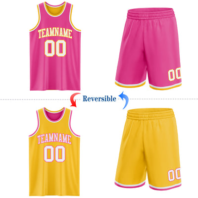 Custom Reversible Pink White-Gold Double Side Sublimation Basketball Suit Jersey