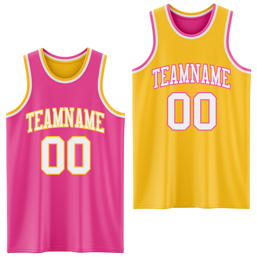 Custom Reversible Pink White-Gold Double Side Sublimation Basketball Suit Jersey