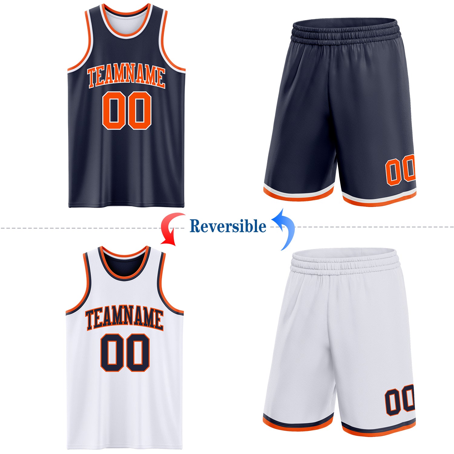 Custom Reversible Navy Orange-White Double Side Sublimation Basketball Suit Jersey