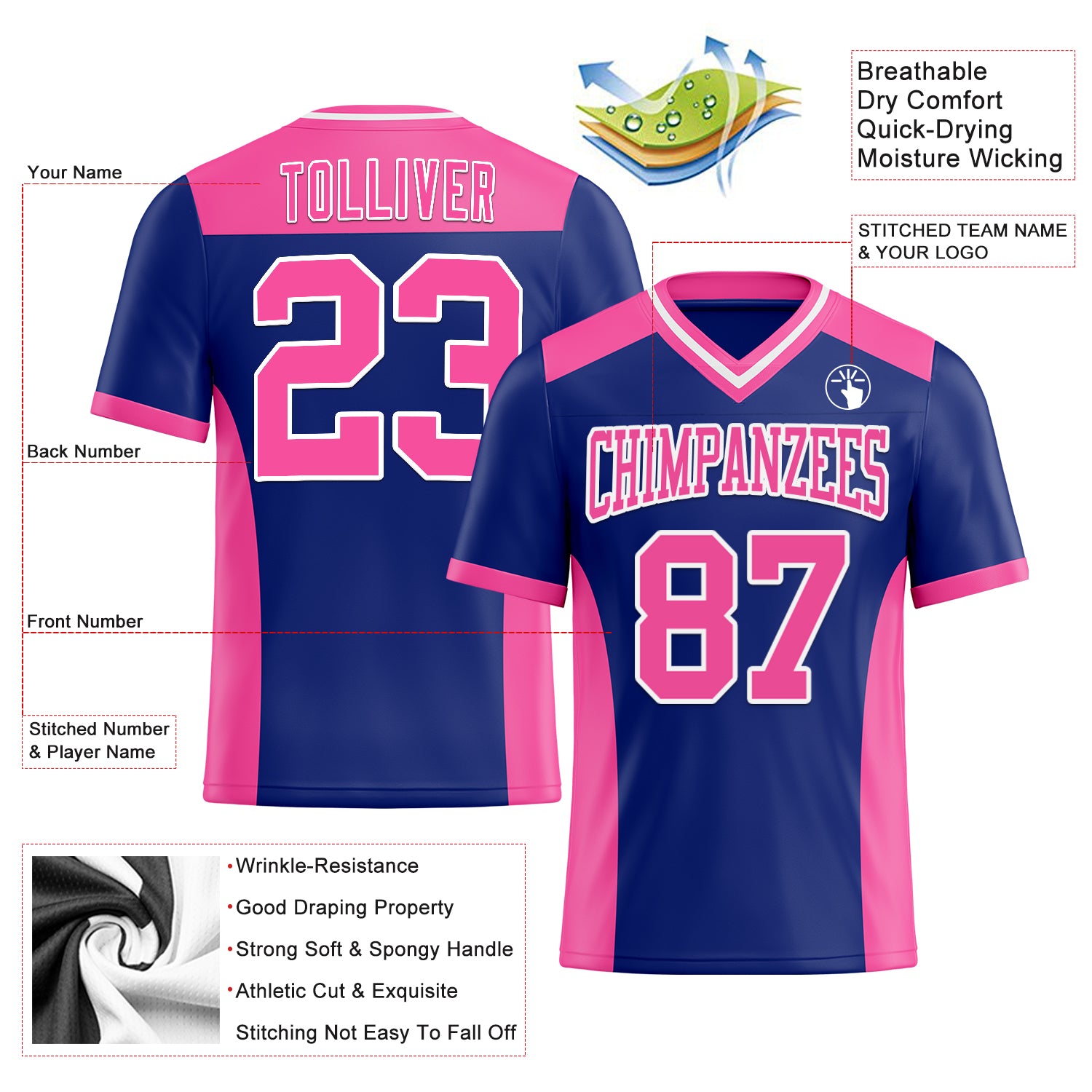 Custom Royal Pink-White Authentic Football Jersey