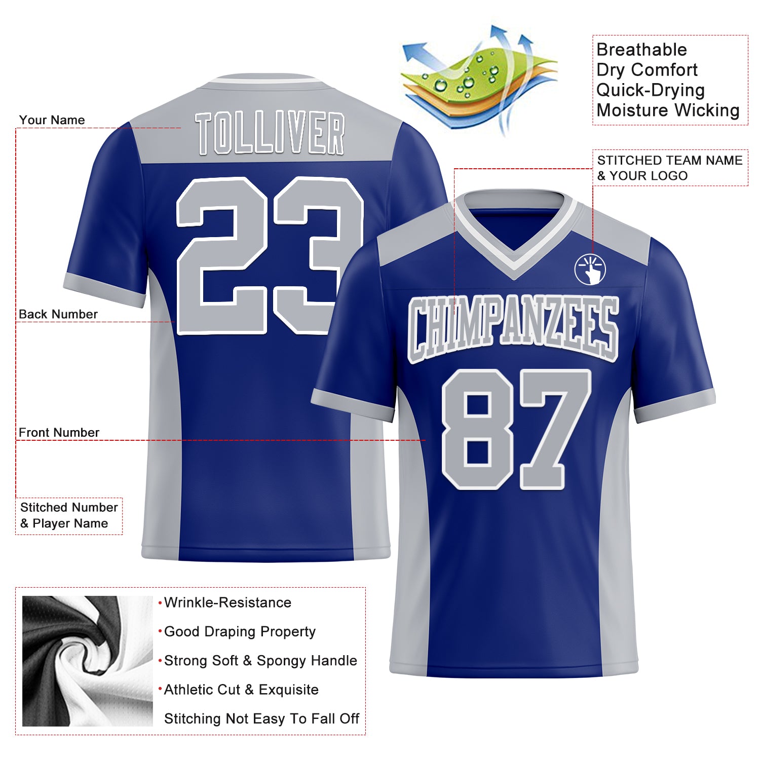 Custom Royal Gray-White Authentic Football Jersey
