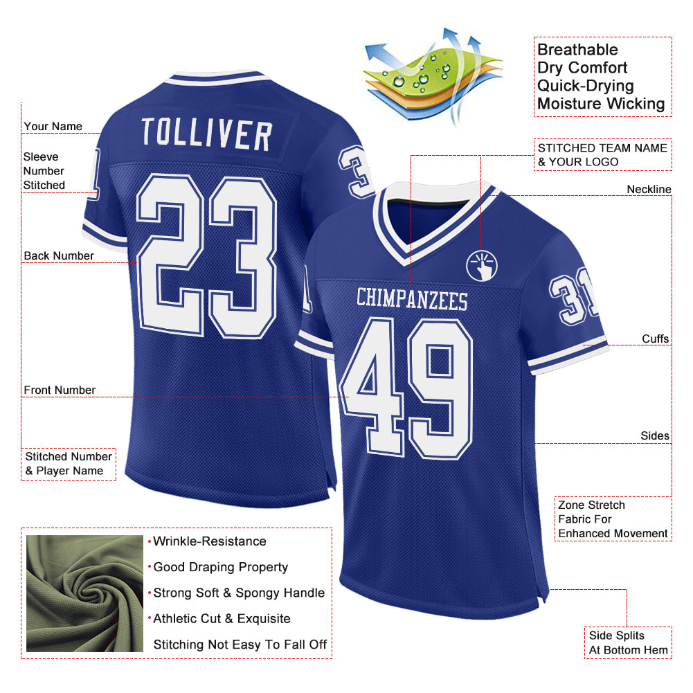 Custom Royal White Mesh Authentic Throwback Football Jersey