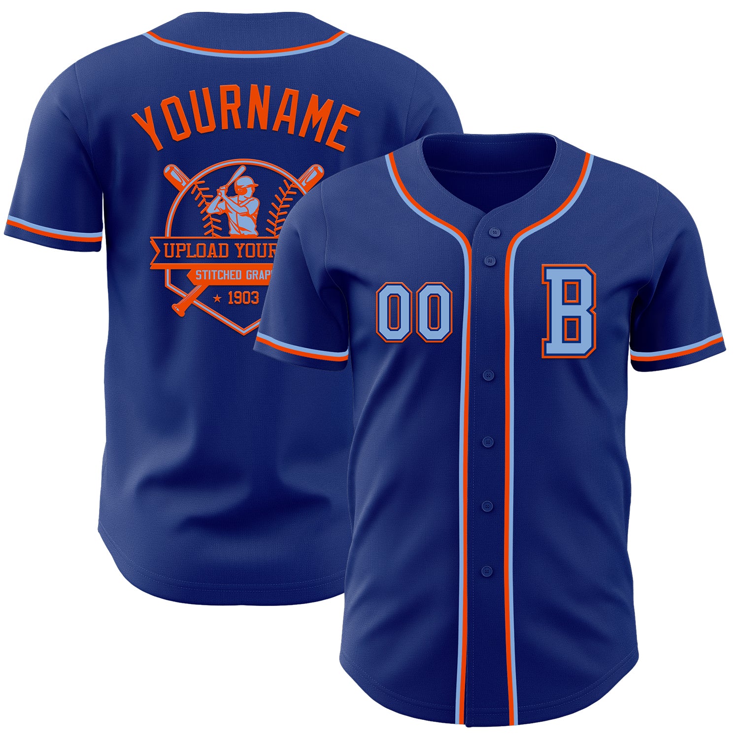 Custom Royal Light Blue-Orange Authentic Baseball Jersey