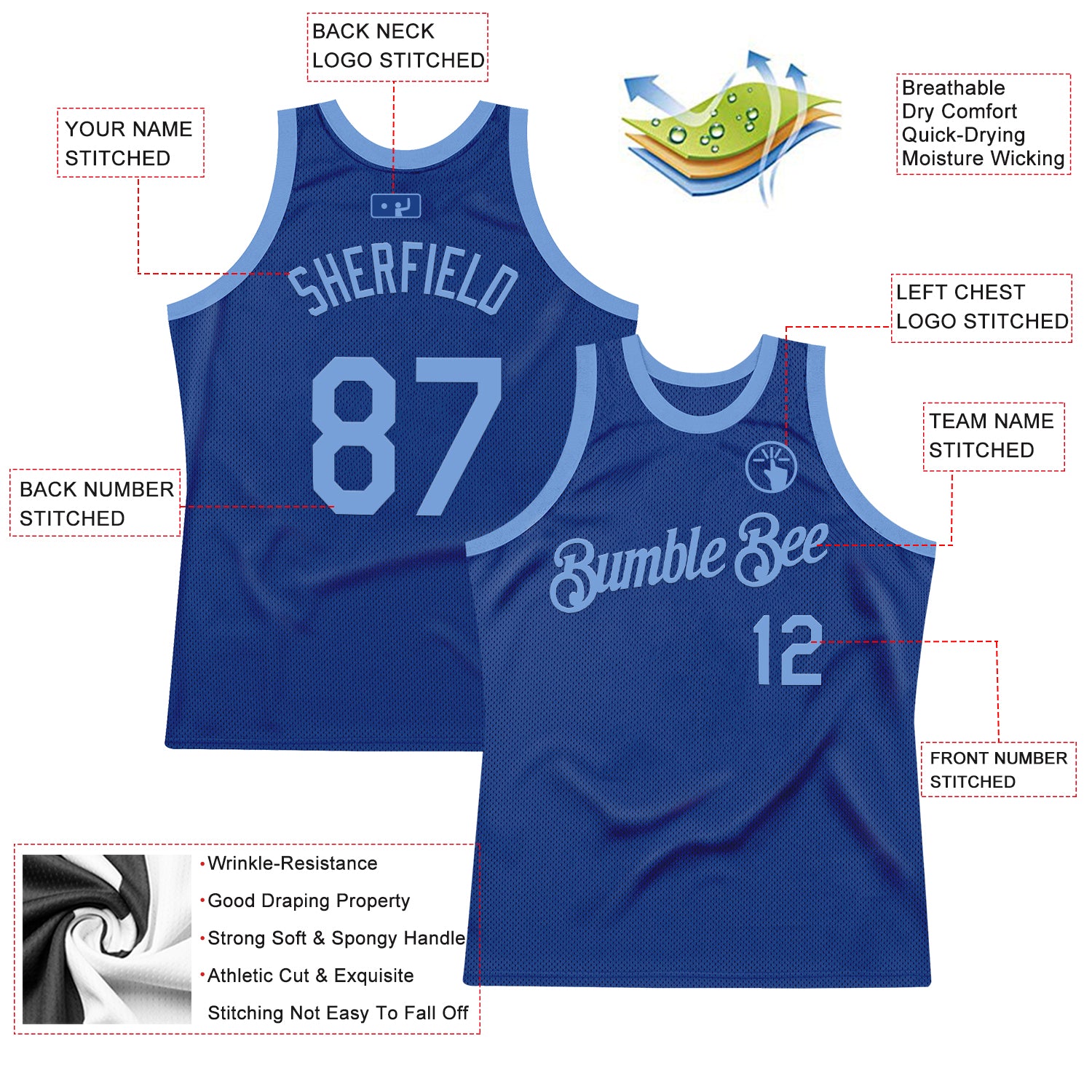 Custom Royal Light Blue Authentic Throwback Basketball Jersey