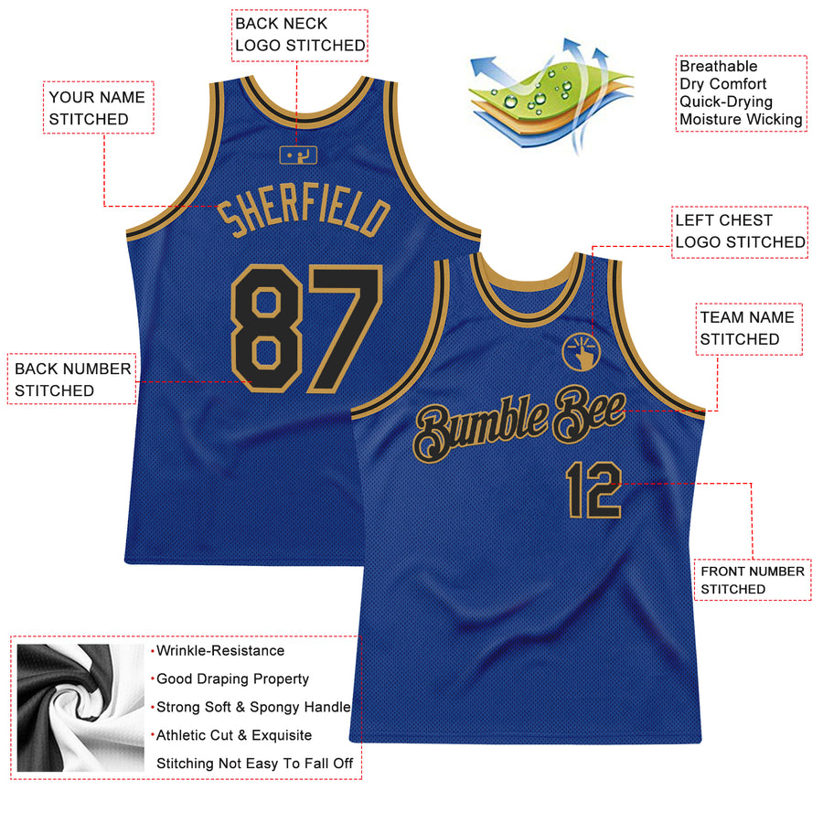 Custom Royal Black-Old Gold Authentic Throwback Basketball Jersey