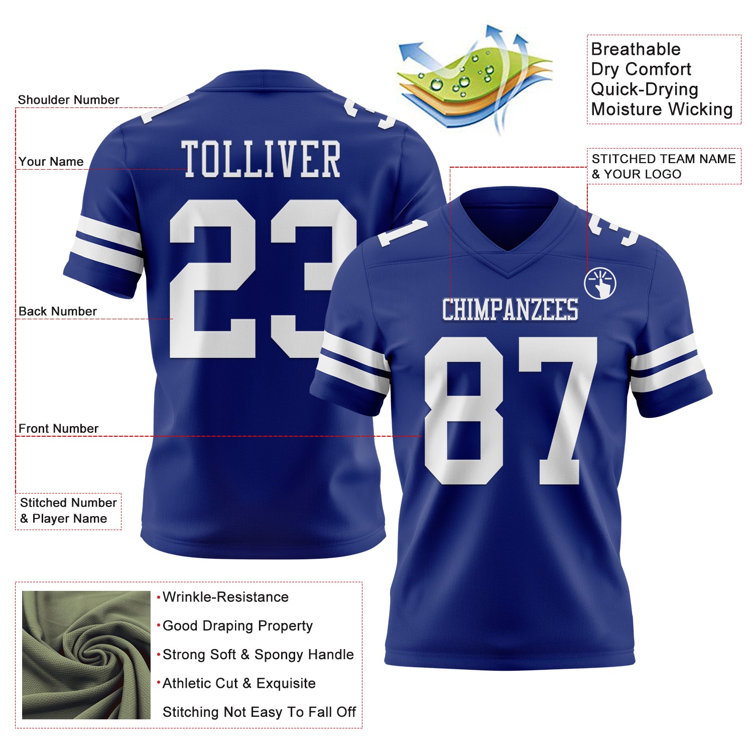 Custom Royal White Authentic Football Jersey
