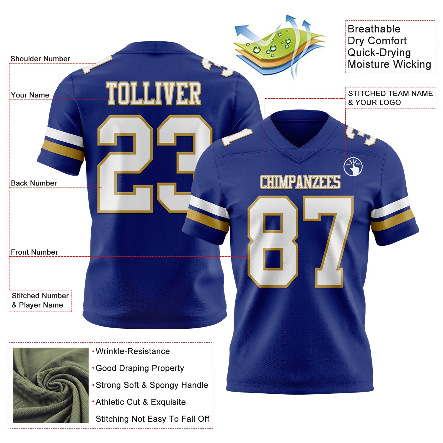 Custom Royal White-Old Gold Authentic Football Jersey