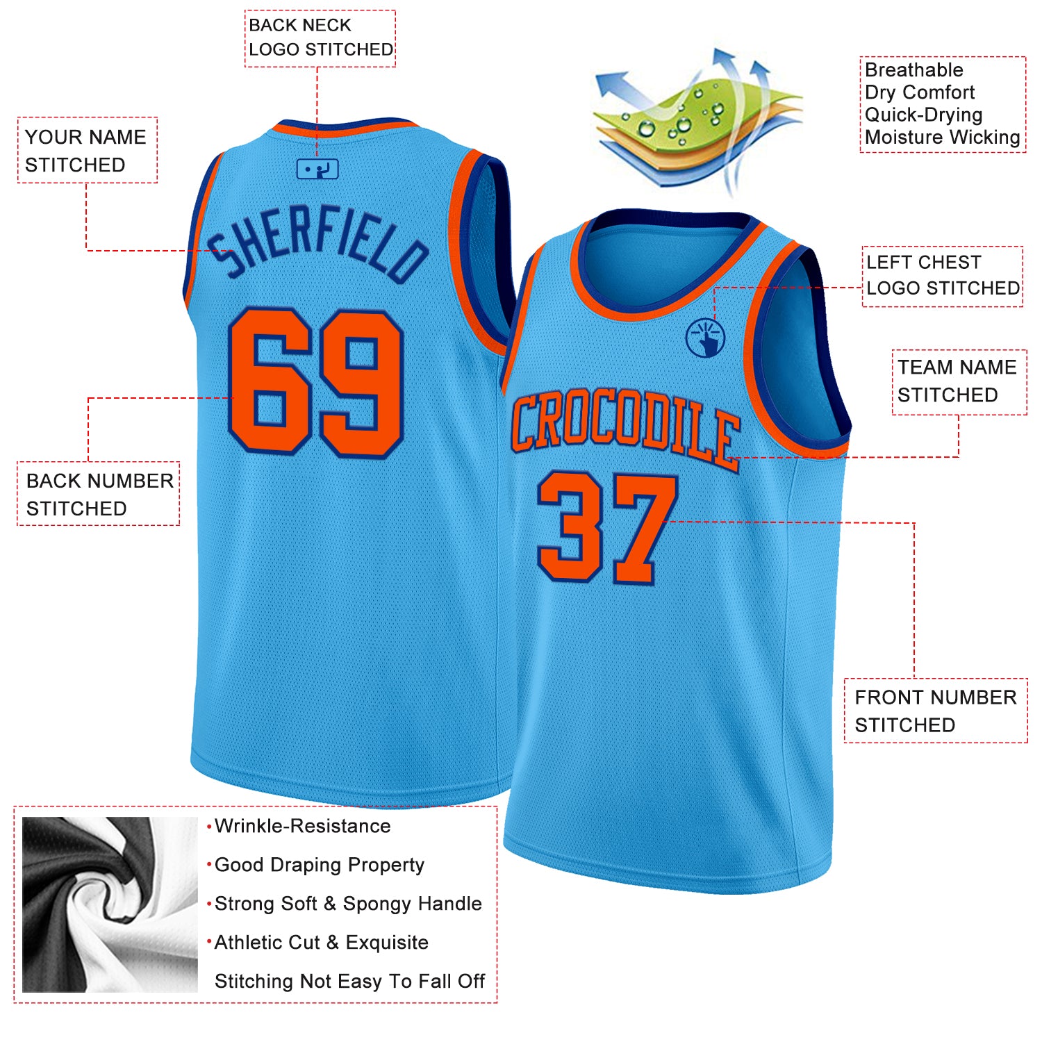 Custom Sky Blue Orange-Royal Authentic Basketball Jersey