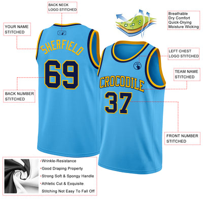 Custom Sky Blue Navy-Gold Authentic Basketball Jersey