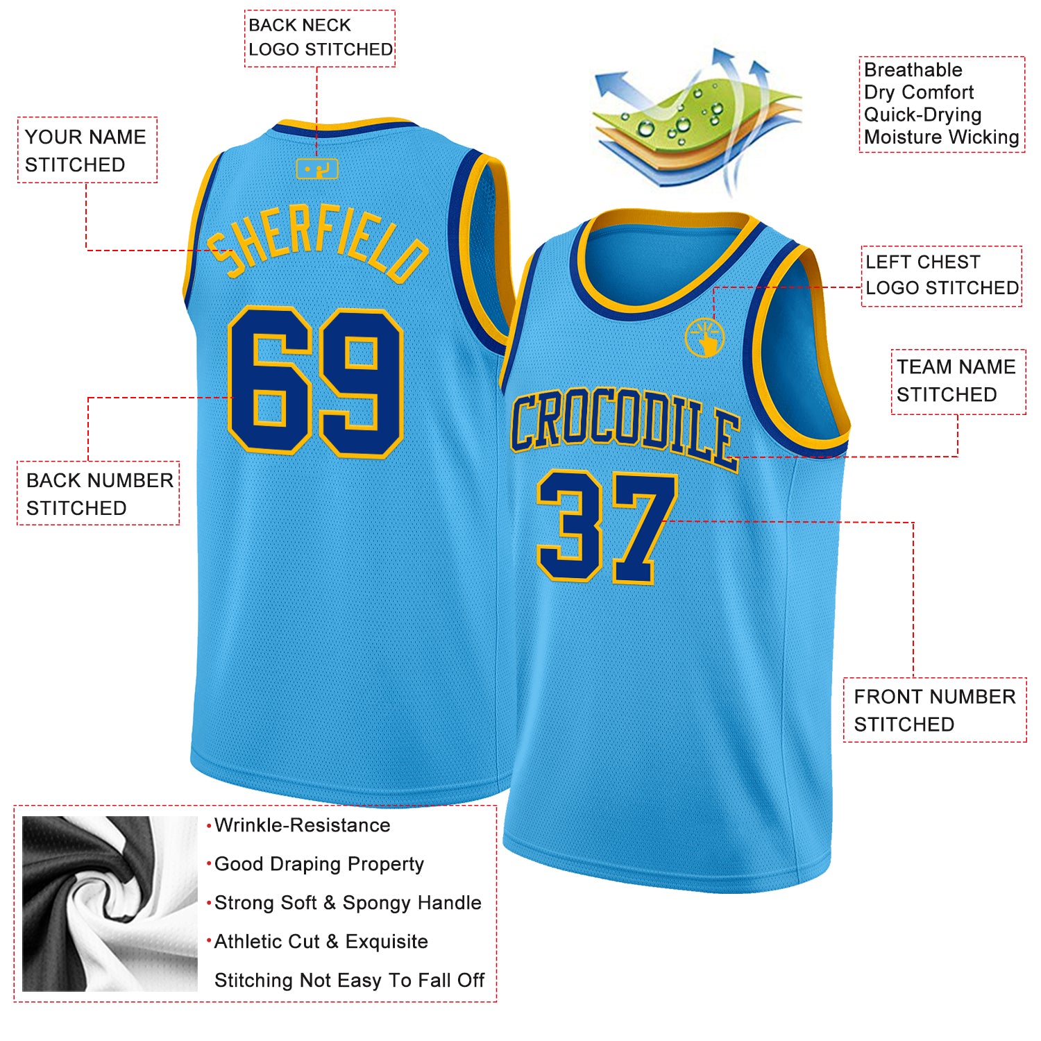 Custom Sky Blue Royal-Gold Authentic Basketball Jersey