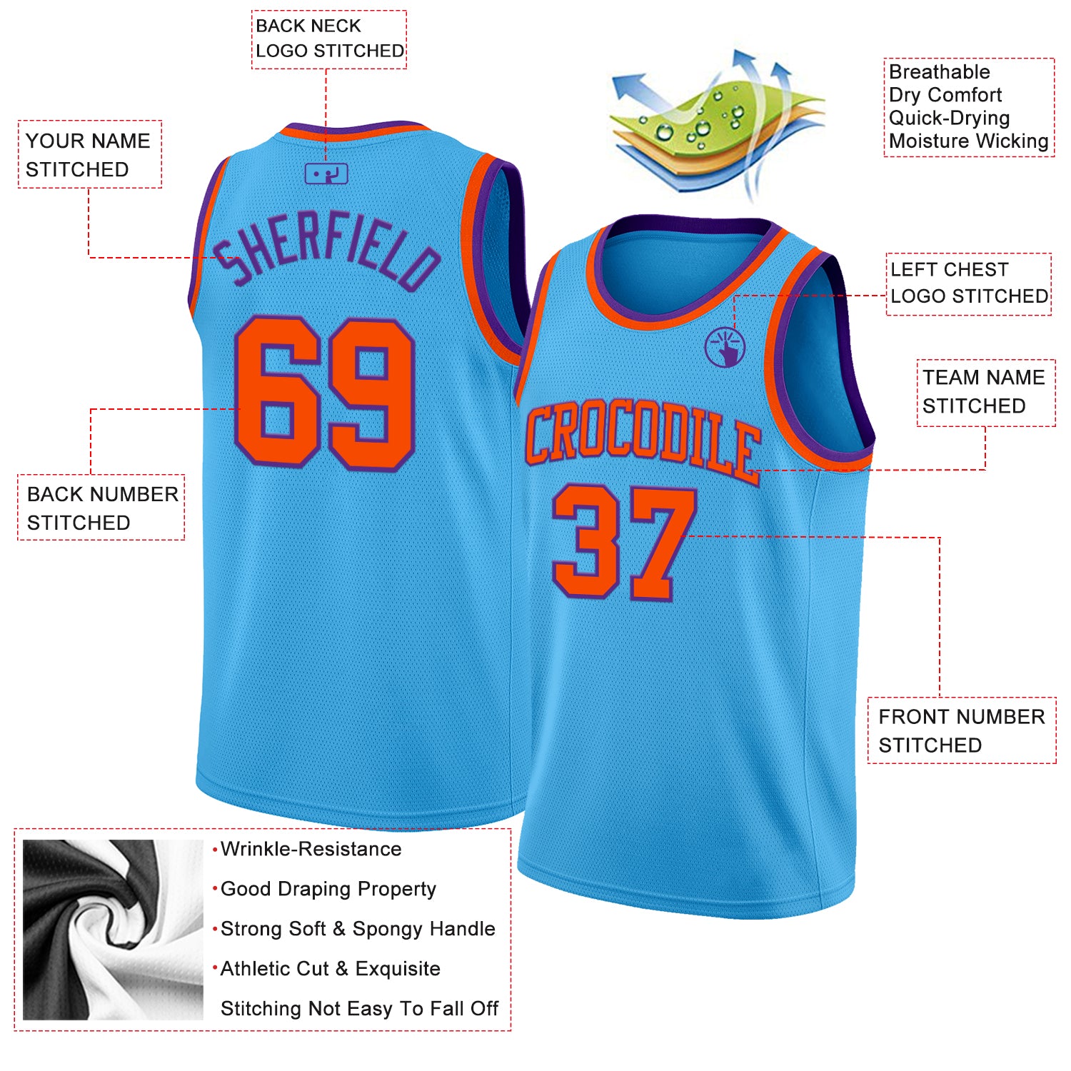 Custom Sky Blue Orange-Purple Authentic Basketball Jersey