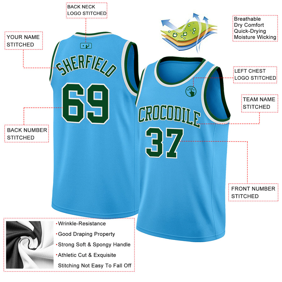 Custom Sky Blue Green-White Authentic Basketball Jersey