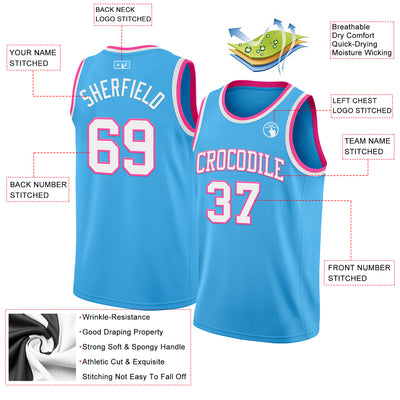 Custom Sky Blue White-Pink Authentic Basketball Jersey
