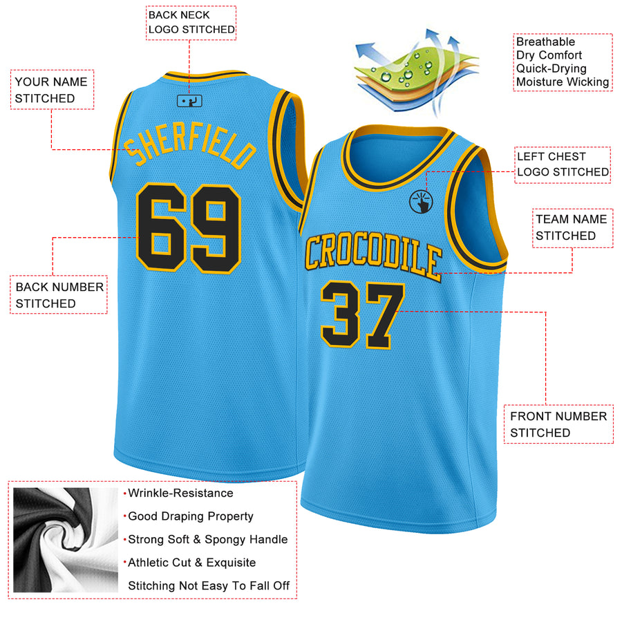 Custom Sky Blue Balck-Gold Authentic Basketball Jersey