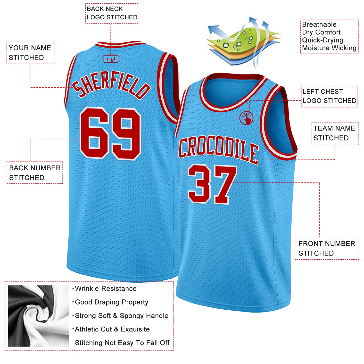Custom Sky Blue Red-White Authentic Basketball Jersey