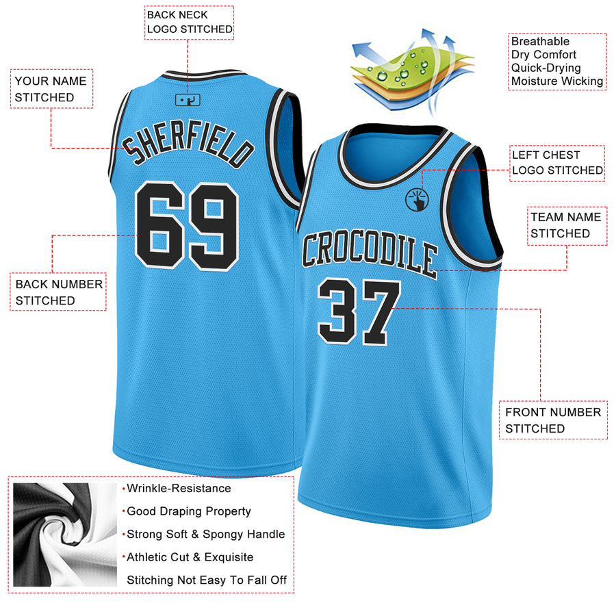 Custom Sky Blue Black-White Authentic Basketball Jersey
