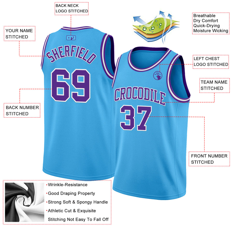 Custom Sky Blue Purple-White Authentic Basketball Jersey