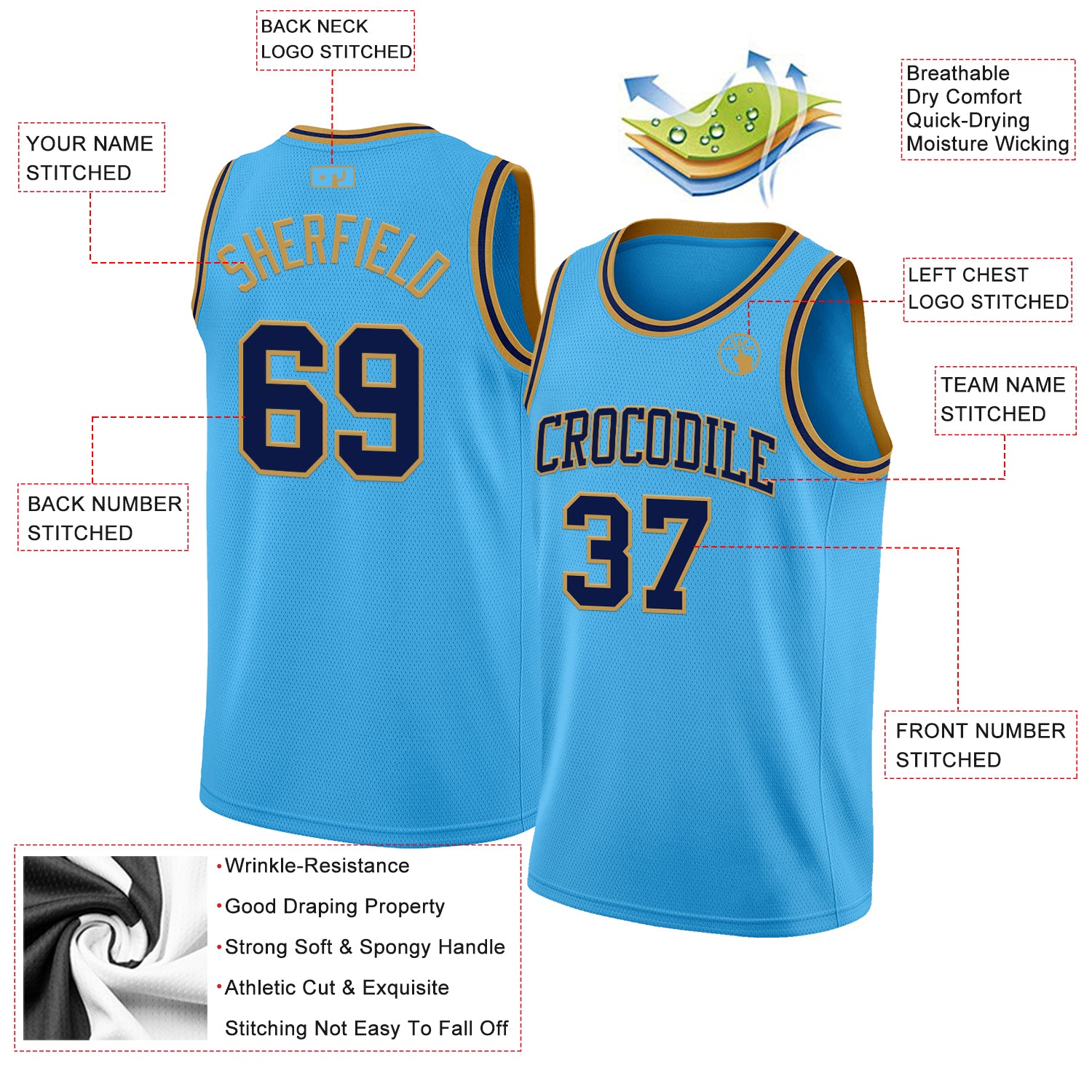 Custom Sky Blue Navy-Old Gold Authentic Basketball Jersey