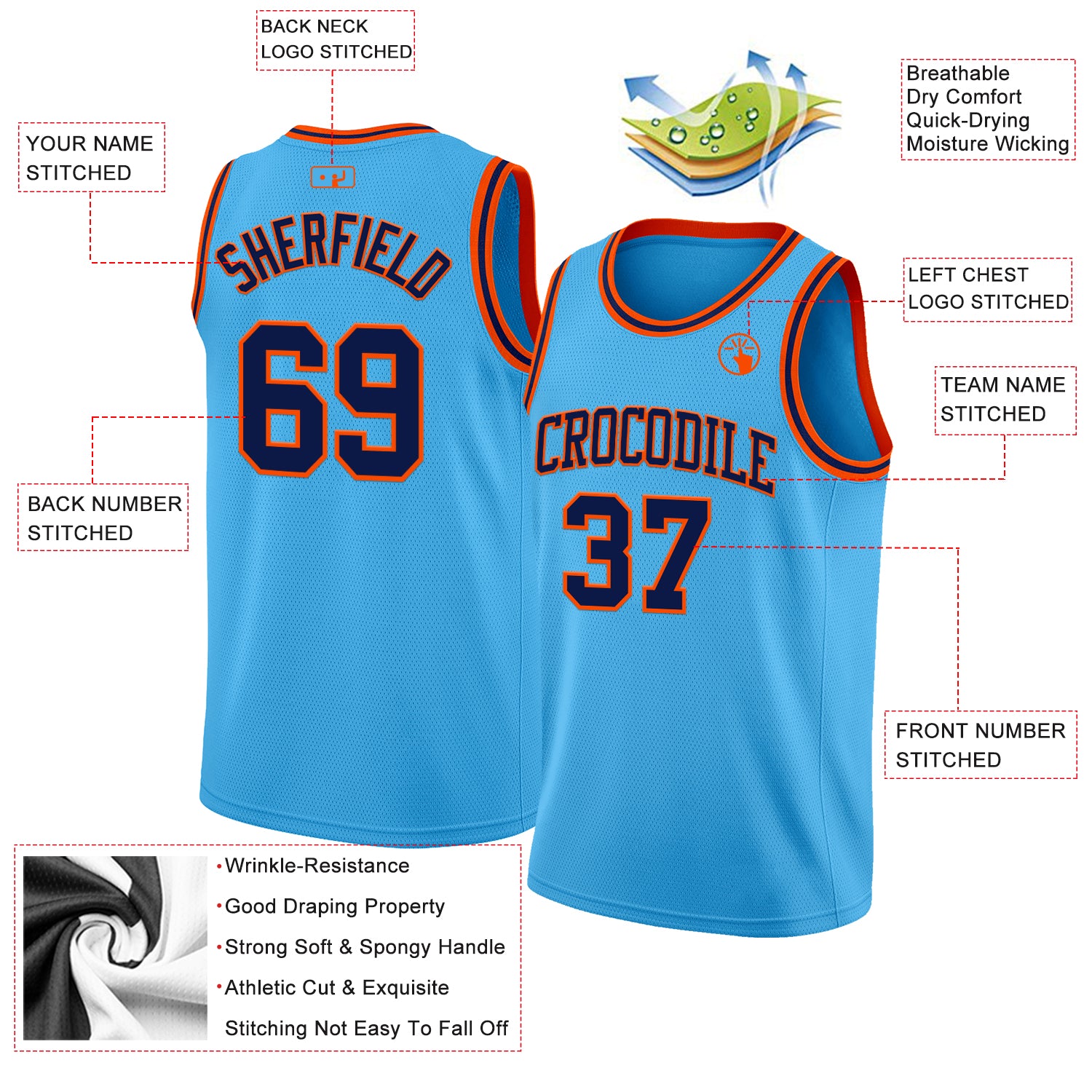 Custom Sky Blue Navy-Orange Authentic Basketball Jersey