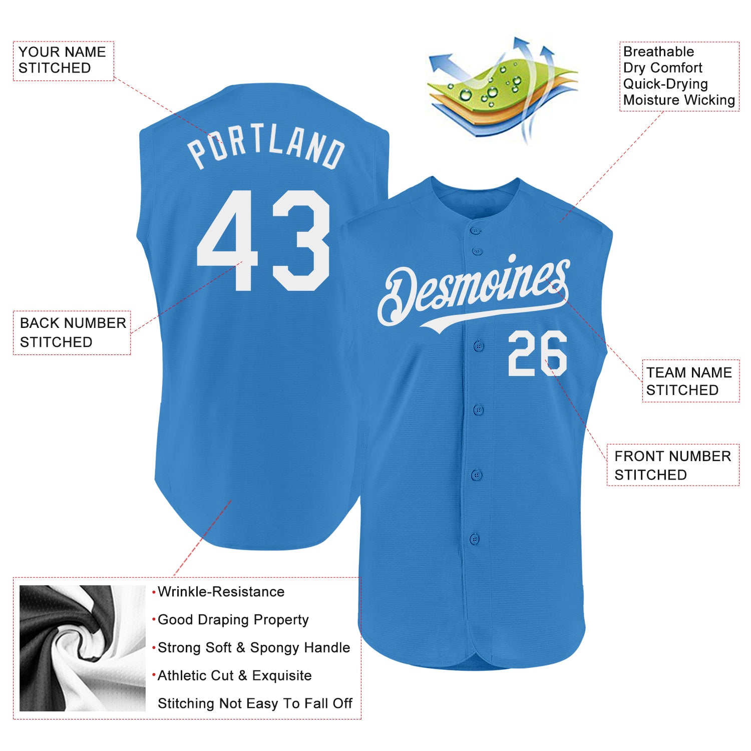Custom Powder Blue White Authentic Sleeveless Baseball Jersey