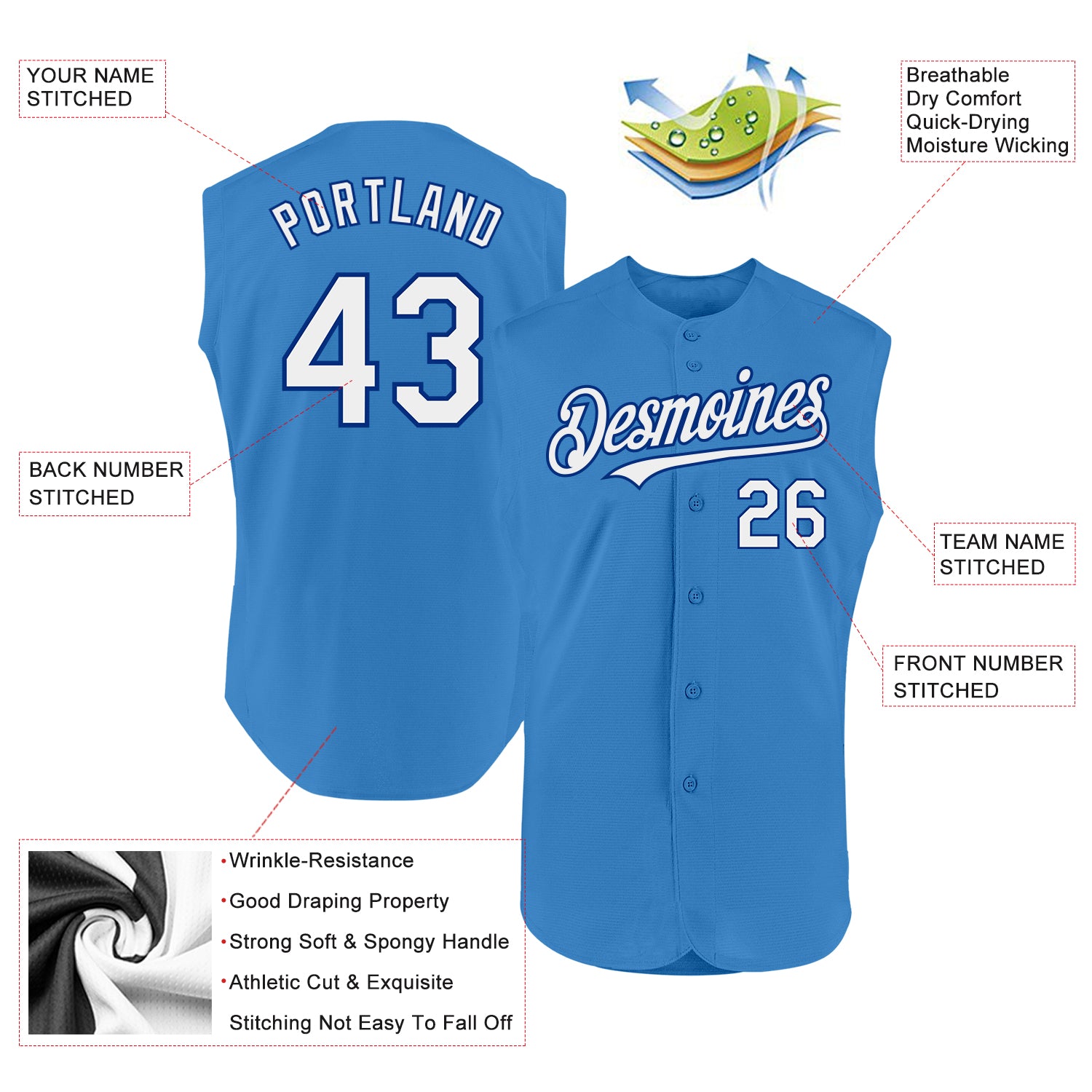 Custom Powder Blue White-Royal Authentic Sleeveless Baseball Jersey