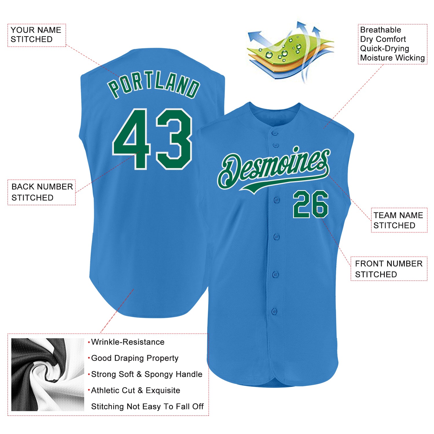 Custom Powder Blue Kelly Green-White Authentic Sleeveless Baseball Jersey