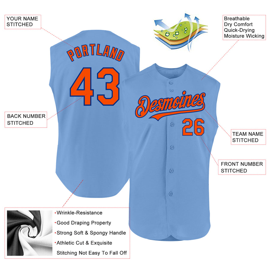 Custom Light Blue Orange-Royal Authentic Sleeveless Baseball Jersey