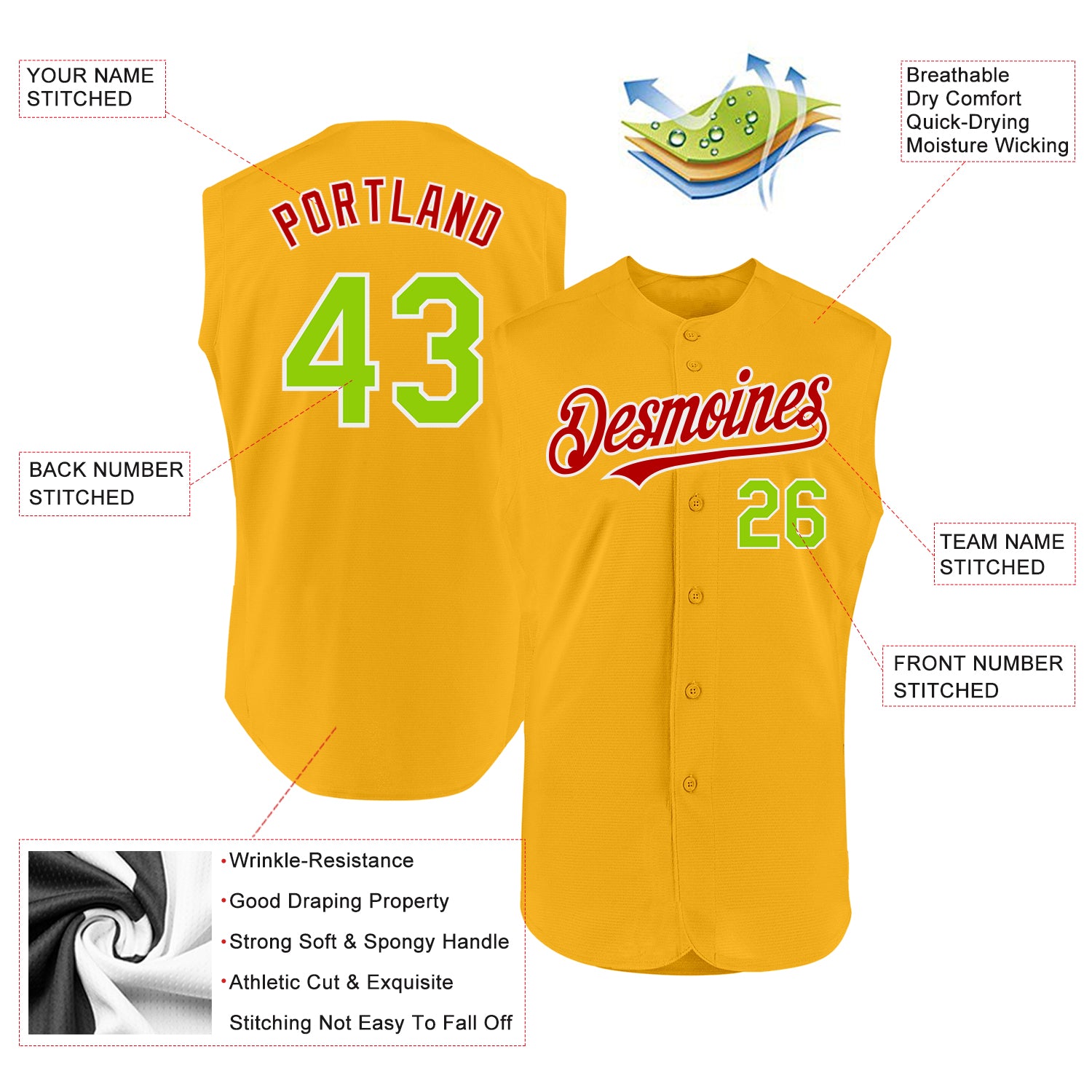 Custom Gold Neon Green-Red Authentic Sleeveless Baseball Jersey