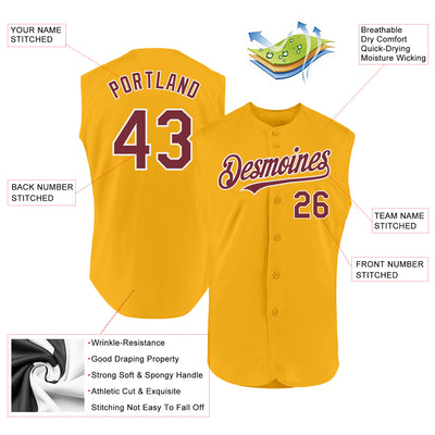 Custom Gold Burgundy-White Authentic Sleeveless Baseball Jersey