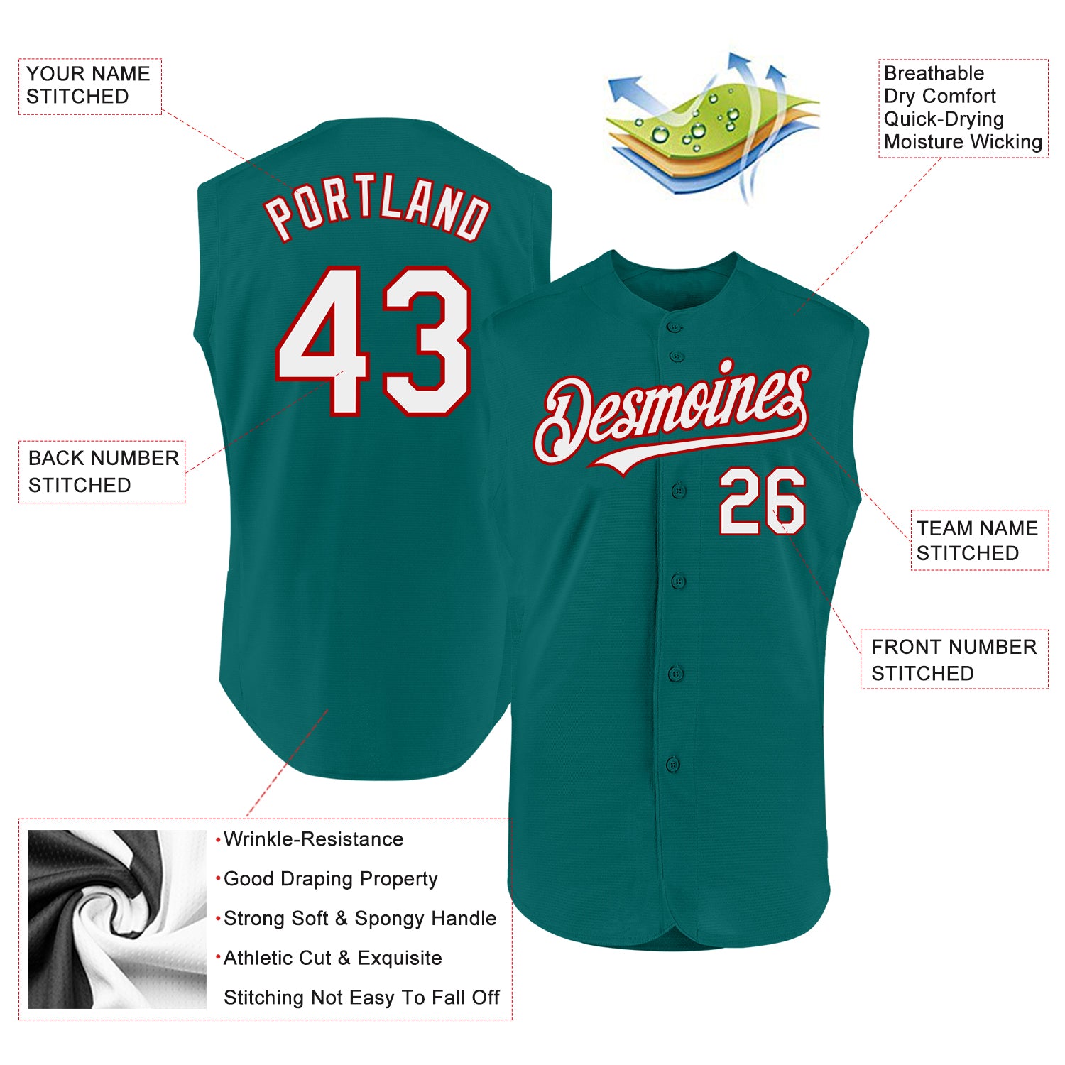 Custom Teal White-Red Authentic Sleeveless Baseball Jersey