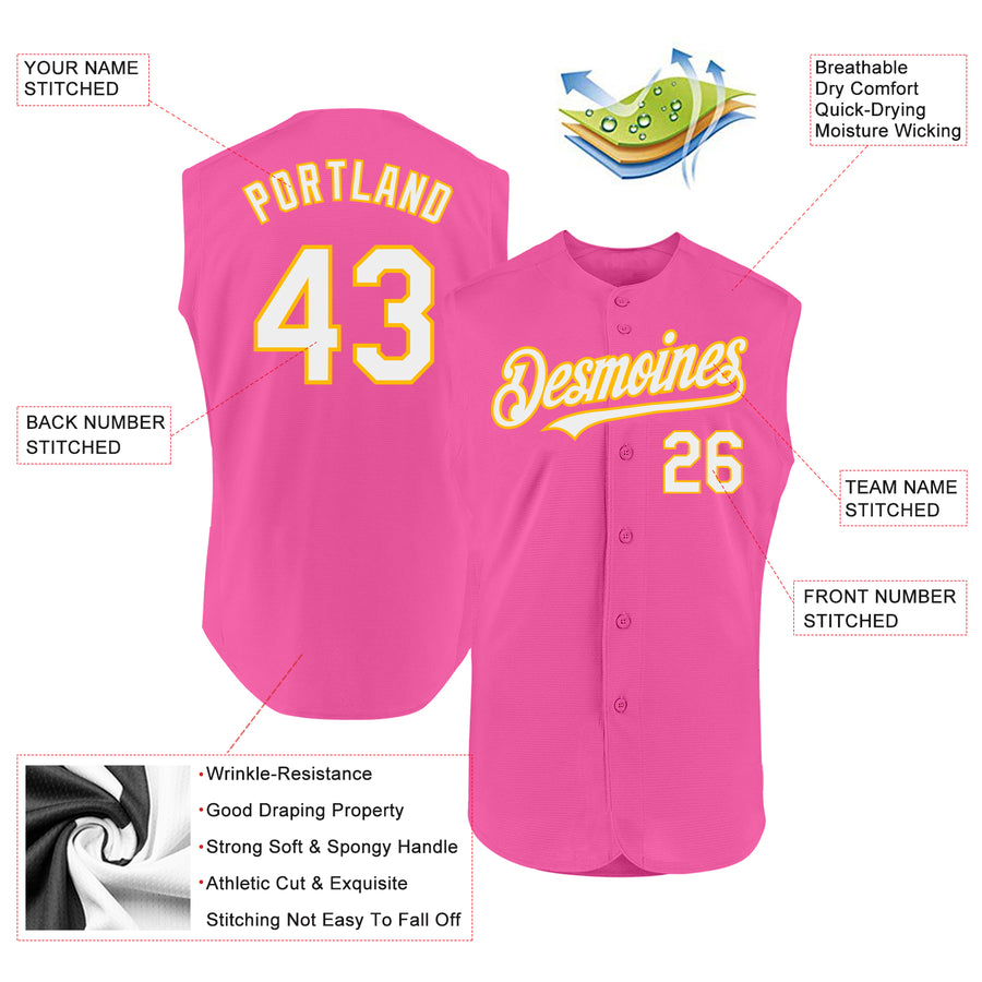 Custom Pink White-Gold Authentic Sleeveless Baseball Jersey