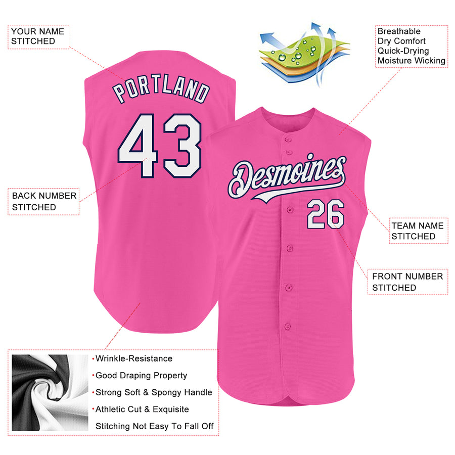 Custom Pink White-Navy Authentic Sleeveless Baseball Jersey