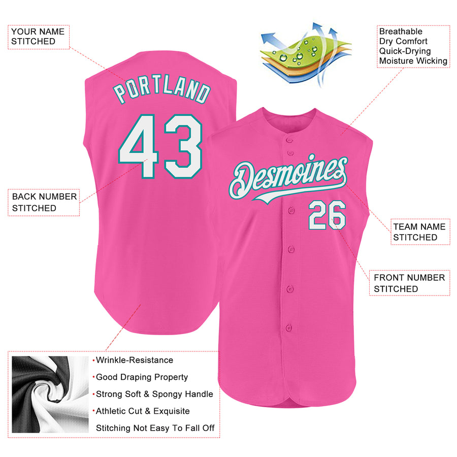 Custom Pink White-Teal Authentic Sleeveless Baseball Jersey