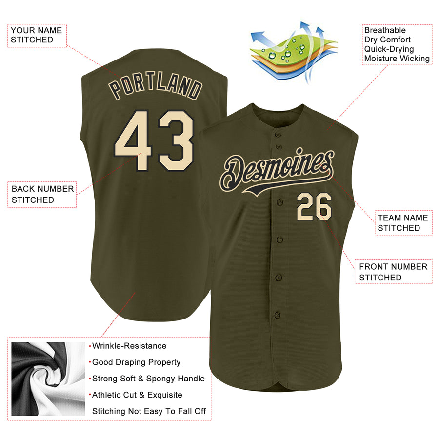 Custom Olive Cream-Black Authentic Sleeveless Salute To Service Baseball Jersey